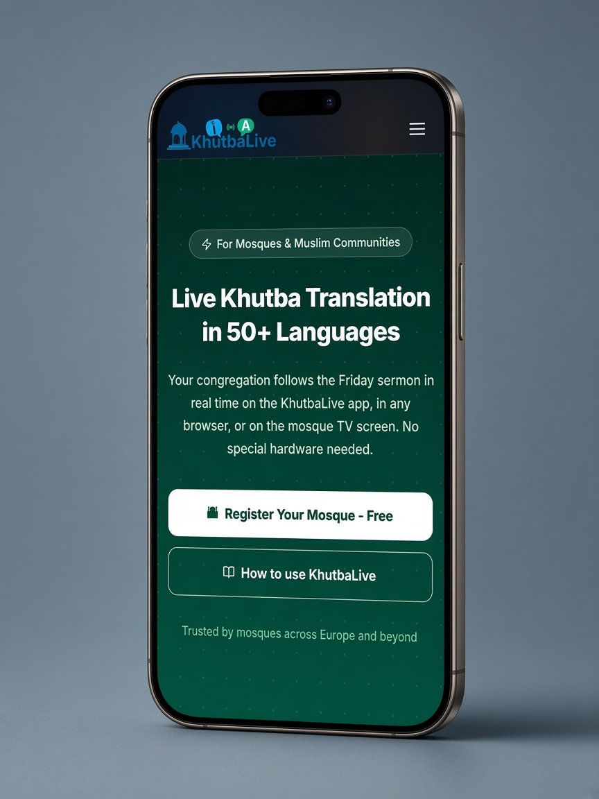 Startseite von KhutbaLive mit Live-Transkription einer Freitagspredigt
