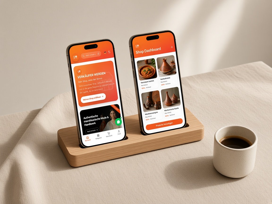 Zwei Telefone mit Käufer- und Seller-App auf dem Schreibtisch