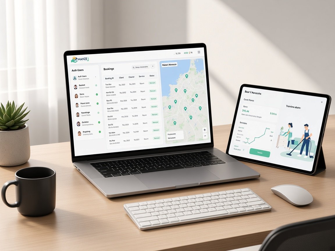 Laptop mit Backend-Konsole und Tablet mit Buchungs-App