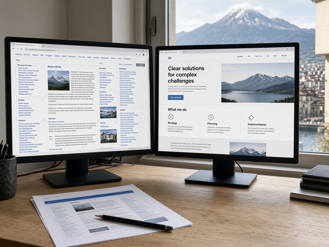 Zwei Monitore: alte Website links, neuer Auftritt rechts