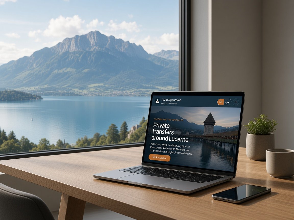 Laptop auf einem Schreibtisch am Vierwaldstättersee, Website im Browser